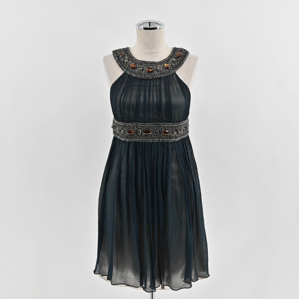 Niteline Silk Chiffon Beaded Dress Size 2 Black Sleeveless Empire Waist Cocktail